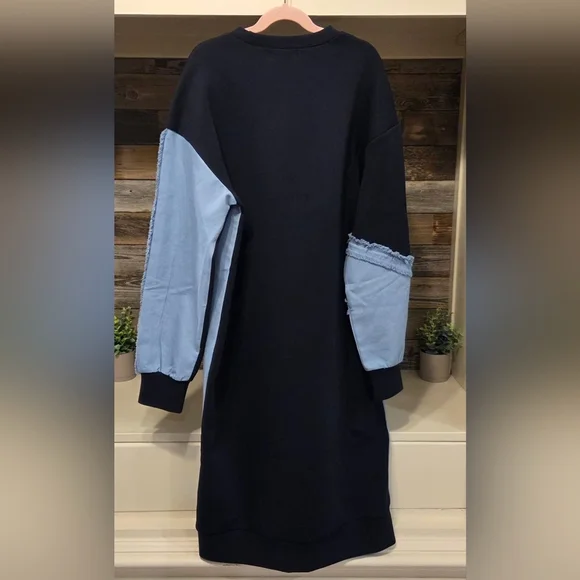 ALEEZA PARIS Elegant Long Sleeve SWEATER Dress- Navy & Light Blue W/ Fringe!! - Picture 8 of 10